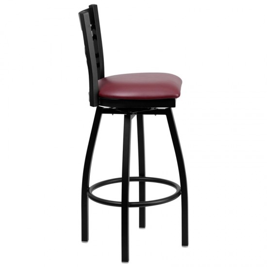 Black ''X'' Back Swivel Metal Barstool - Burgundy Vinyl Seat