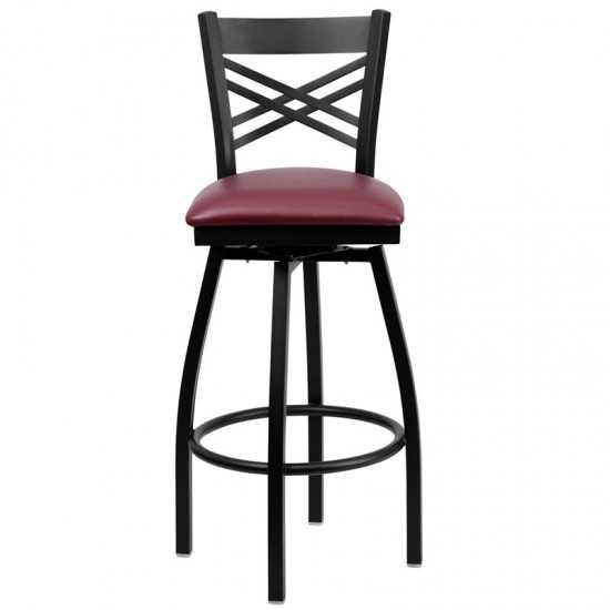 Black ''X'' Back Swivel Metal Barstool - Burgundy Vinyl Seat