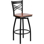 Black ''X'' Back Swivel Metal Barstool - Cherry Wood Seat