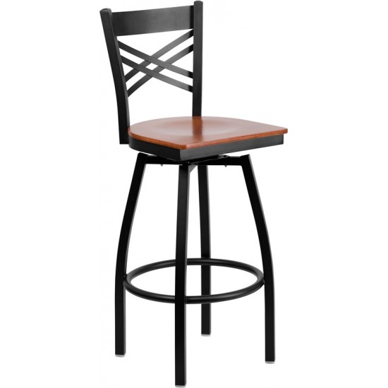 Black ''X'' Back Swivel Metal Barstool - Cherry Wood Seat