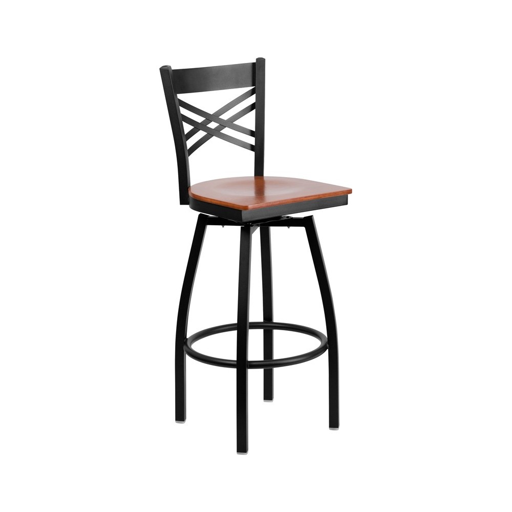 Black ''X'' Back Swivel Metal Barstool - Cherry Wood Seat