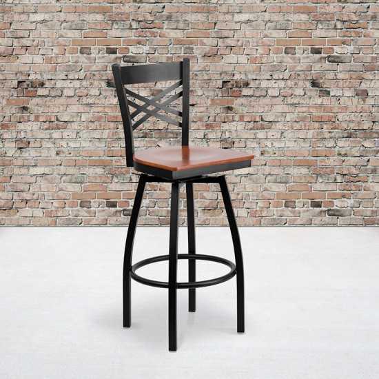 Black ''X'' Back Swivel Metal Barstool - Cherry Wood Seat