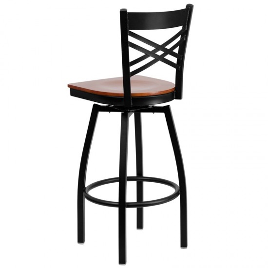 Black ''X'' Back Swivel Metal Barstool - Cherry Wood Seat