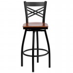 Black ''X'' Back Swivel Metal Barstool - Cherry Wood Seat