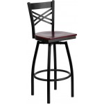 Black ''X'' Back Swivel Metal Barstool - Mahogany Wood Seat