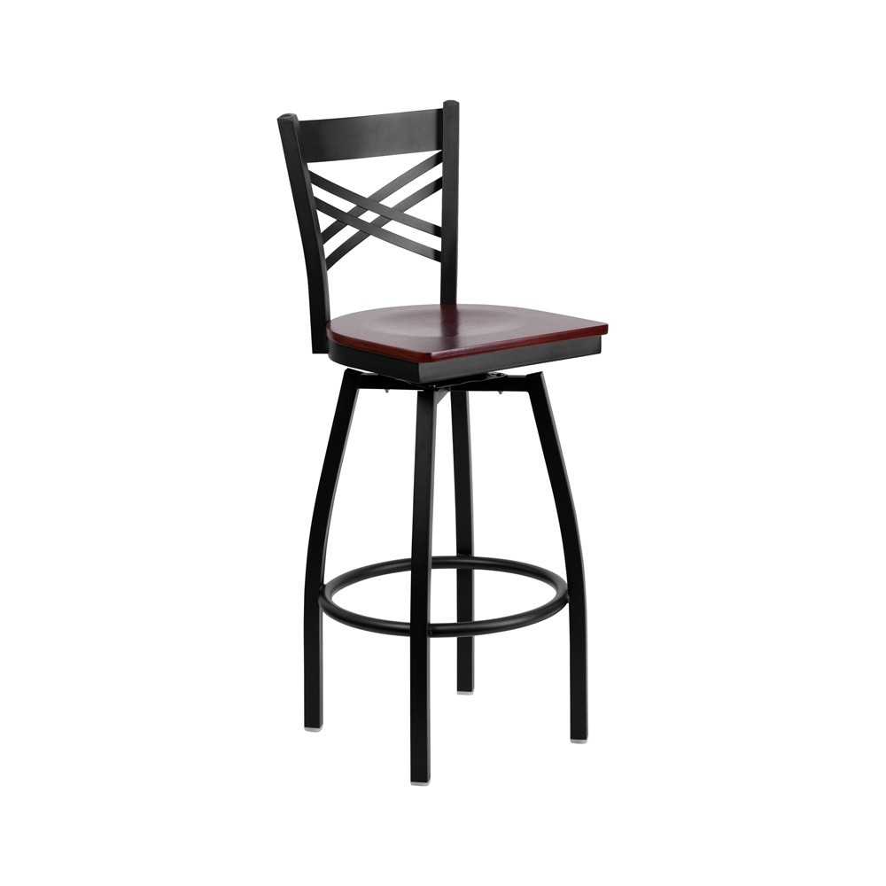 Black ''X'' Back Swivel Metal Barstool - Mahogany Wood Seat