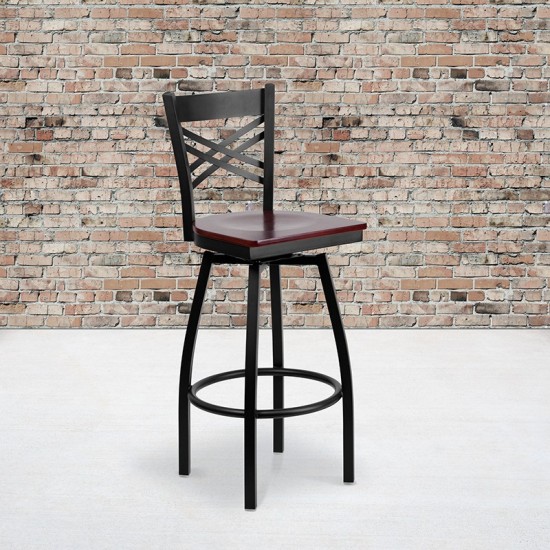 Black ''X'' Back Swivel Metal Barstool - Mahogany Wood Seat