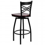 Black ''X'' Back Swivel Metal Barstool - Mahogany Wood Seat