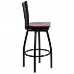 Black ''X'' Back Swivel Metal Barstool - Mahogany Wood Seat