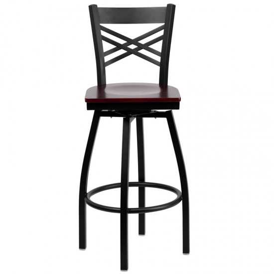 Black ''X'' Back Swivel Metal Barstool - Mahogany Wood Seat