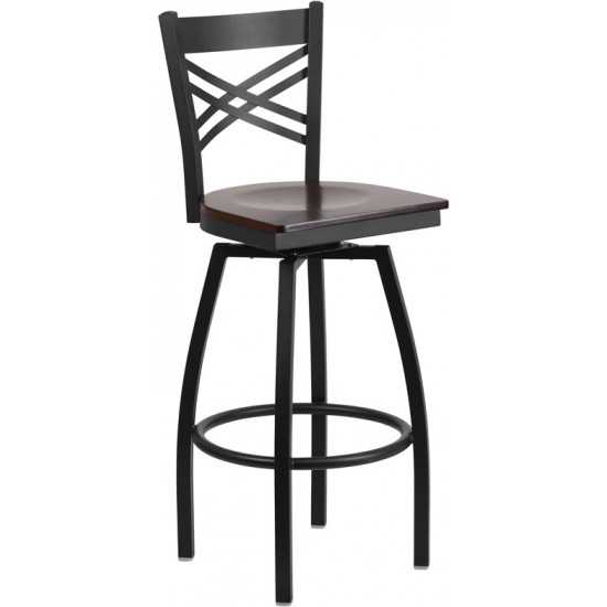 Black ''X'' Back Swivel Metal Barstool - Walnut Wood Seat