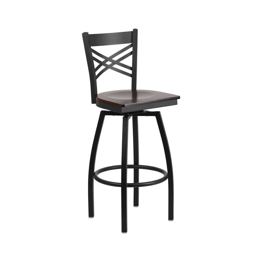 Black ''X'' Back Swivel Metal Barstool - Walnut Wood Seat