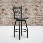 Black ''X'' Back Swivel Metal Barstool - Walnut Wood Seat