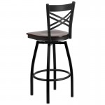 Black ''X'' Back Swivel Metal Barstool - Walnut Wood Seat