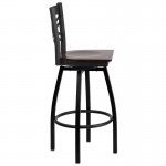 Black ''X'' Back Swivel Metal Barstool - Walnut Wood Seat