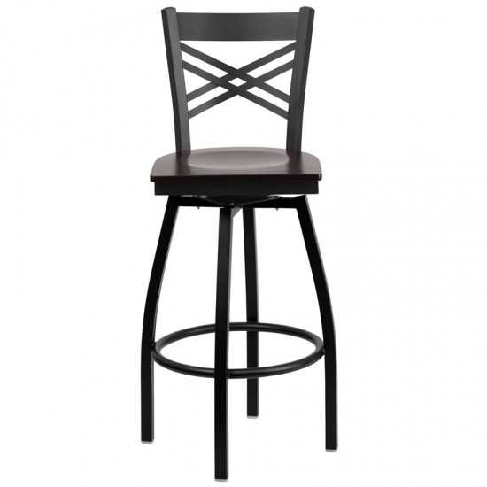 Black ''X'' Back Swivel Metal Barstool - Walnut Wood Seat