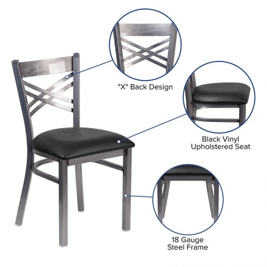 Clear Coated ''X'' Back Metal Restaurant Chair - Black Vinyl Seat