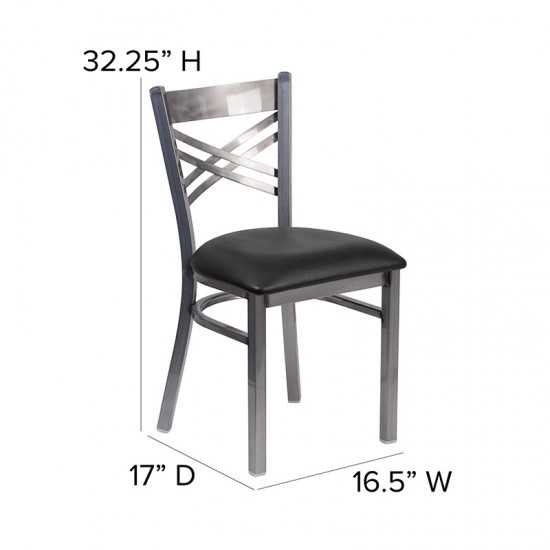 Clear Coated ''X'' Back Metal Restaurant Chair - Black Vinyl Seat