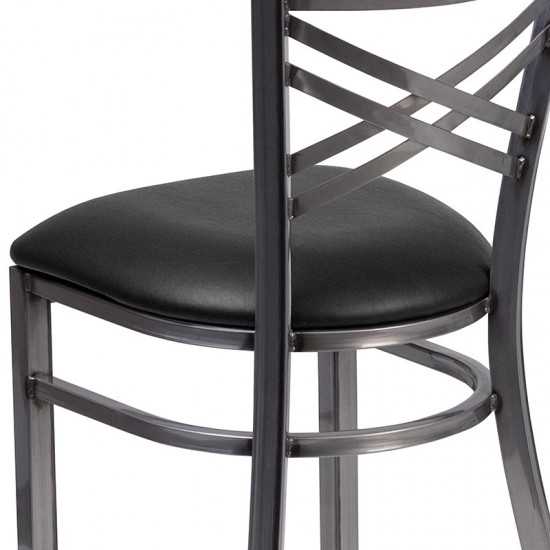 Clear Coated ''X'' Back Metal Restaurant Chair - Black Vinyl Seat