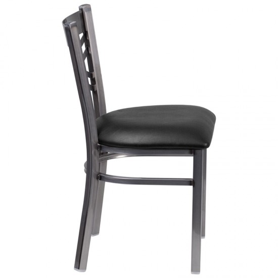 Clear Coated ''X'' Back Metal Restaurant Chair - Black Vinyl Seat