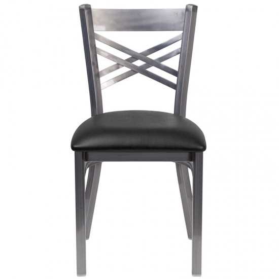 Clear Coated ''X'' Back Metal Restaurant Chair - Black Vinyl Seat