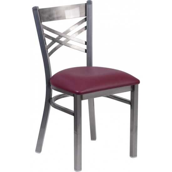 Clear Coated ''X'' Back Metal Restaurant Chair - Burgundy Vinyl Seat