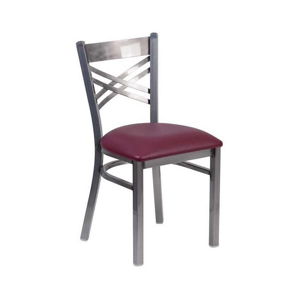 Clear Coated ''X'' Back Metal Restaurant Chair - Burgundy Vinyl Seat