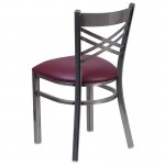 Clear Coated ''X'' Back Metal Restaurant Chair - Burgundy Vinyl Seat