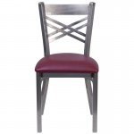 Clear Coated ''X'' Back Metal Restaurant Chair - Burgundy Vinyl Seat