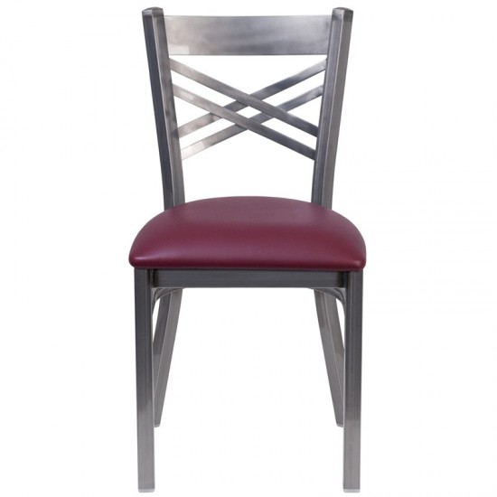 Clear Coated ''X'' Back Metal Restaurant Chair - Burgundy Vinyl Seat