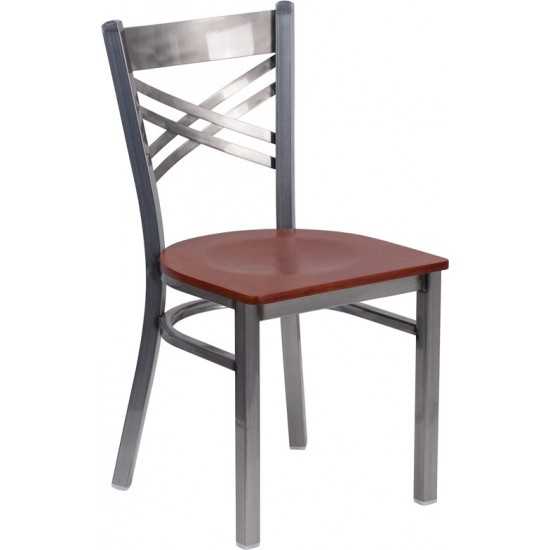 Clear Coated ''X'' Back Metal Restaurant Chair - Cherry Wood Seat