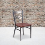 Clear Coated ''X'' Back Metal Restaurant Chair - Cherry Wood Seat