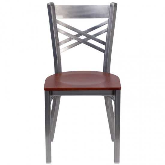 Clear Coated ''X'' Back Metal Restaurant Chair - Cherry Wood Seat