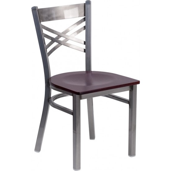 Clear Coated ''X'' Back Metal Restaurant Chair - Mahogany Wood Seat