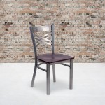 Clear Coated ''X'' Back Metal Restaurant Chair - Mahogany Wood Seat