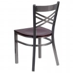 Clear Coated ''X'' Back Metal Restaurant Chair - Mahogany Wood Seat