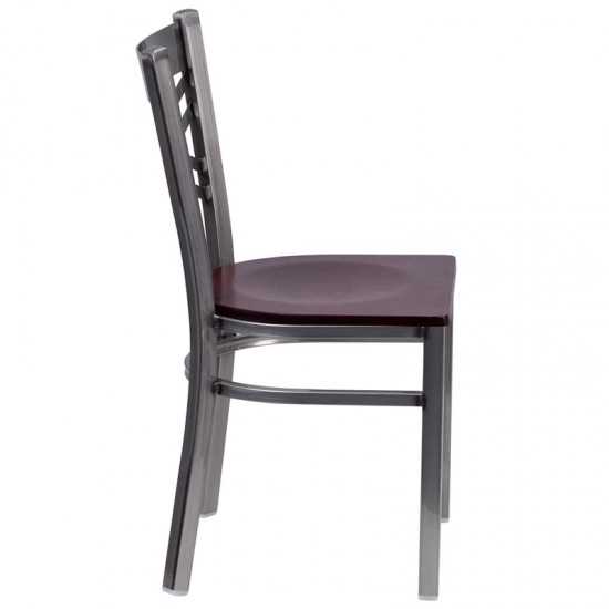 Clear Coated ''X'' Back Metal Restaurant Chair - Mahogany Wood Seat