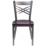 Clear Coated ''X'' Back Metal Restaurant Chair - Mahogany Wood Seat