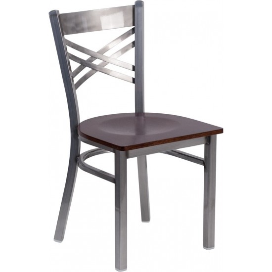 Clear Coated ''X'' Back Metal Restaurant Chair - Walnut Wood Seat