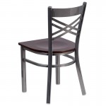 Clear Coated ''X'' Back Metal Restaurant Chair - Walnut Wood Seat