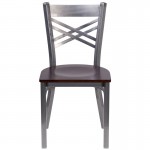 Clear Coated ''X'' Back Metal Restaurant Chair - Walnut Wood Seat