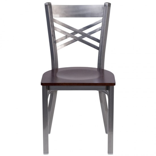 Clear Coated ''X'' Back Metal Restaurant Chair - Walnut Wood Seat