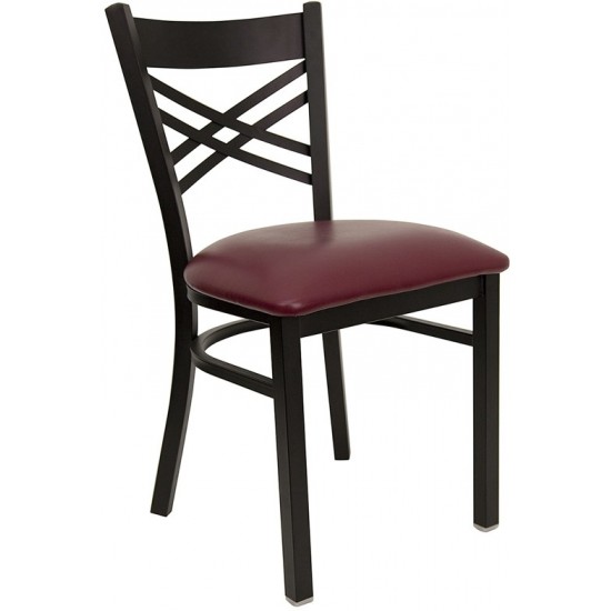 Black ''X'' Back Metal Restaurant Chair - Burgundy Vinyl Seat