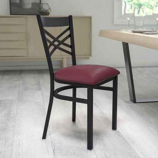 Black ''X'' Back Metal Restaurant Chair - Burgundy Vinyl Seat