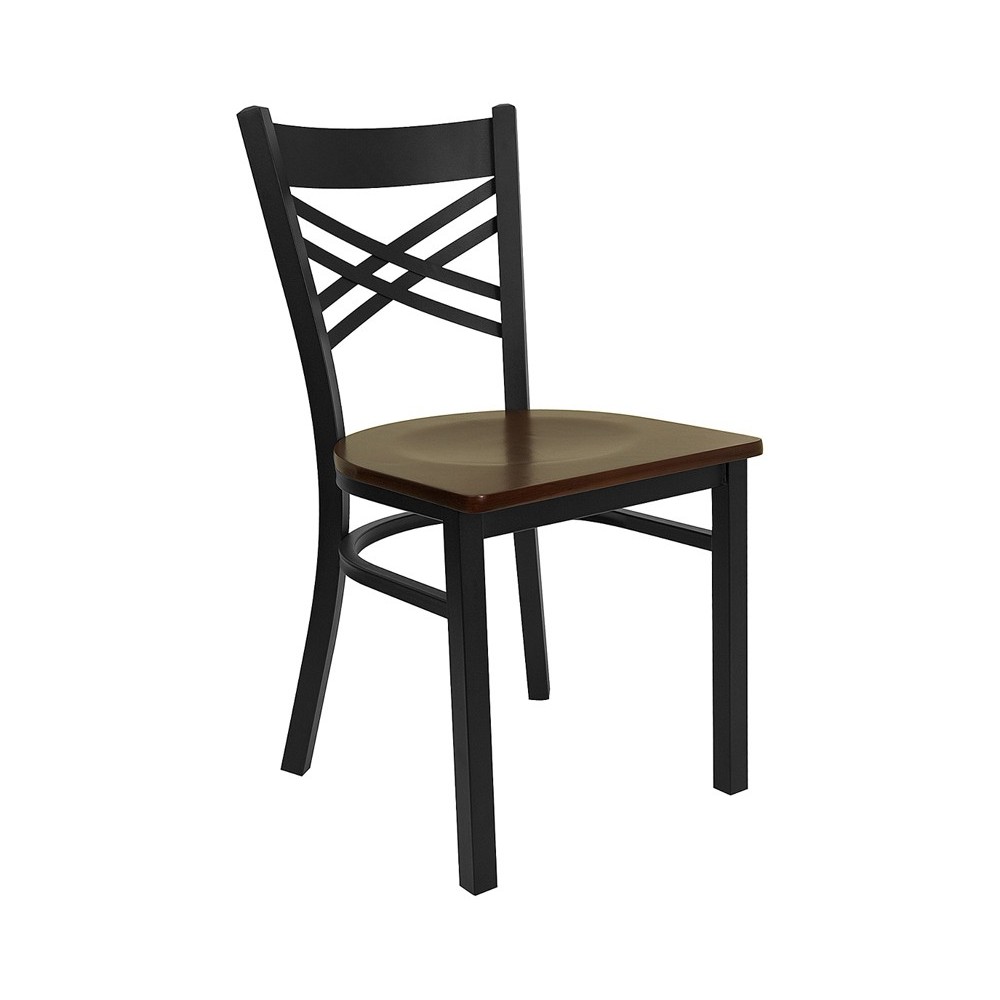 Black ''X'' Back Metal Restaurant Chair - Mahogany Wood Seat