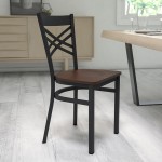 Black ''X'' Back Metal Restaurant Chair - Mahogany Wood Seat