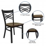 Black ''X'' Back Metal Restaurant Chair - Mahogany Wood Seat