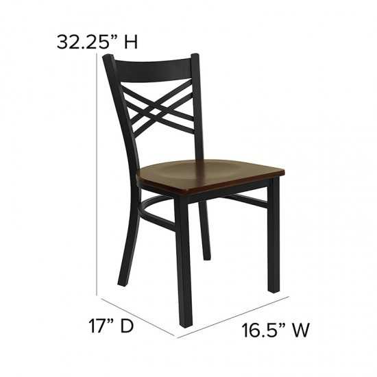 Black ''X'' Back Metal Restaurant Chair - Mahogany Wood Seat