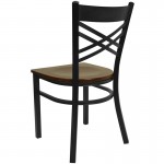 Black ''X'' Back Metal Restaurant Chair - Mahogany Wood Seat