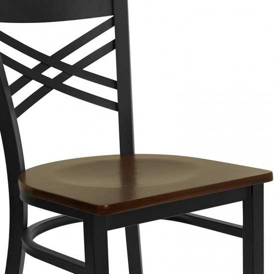 Black ''X'' Back Metal Restaurant Chair - Mahogany Wood Seat